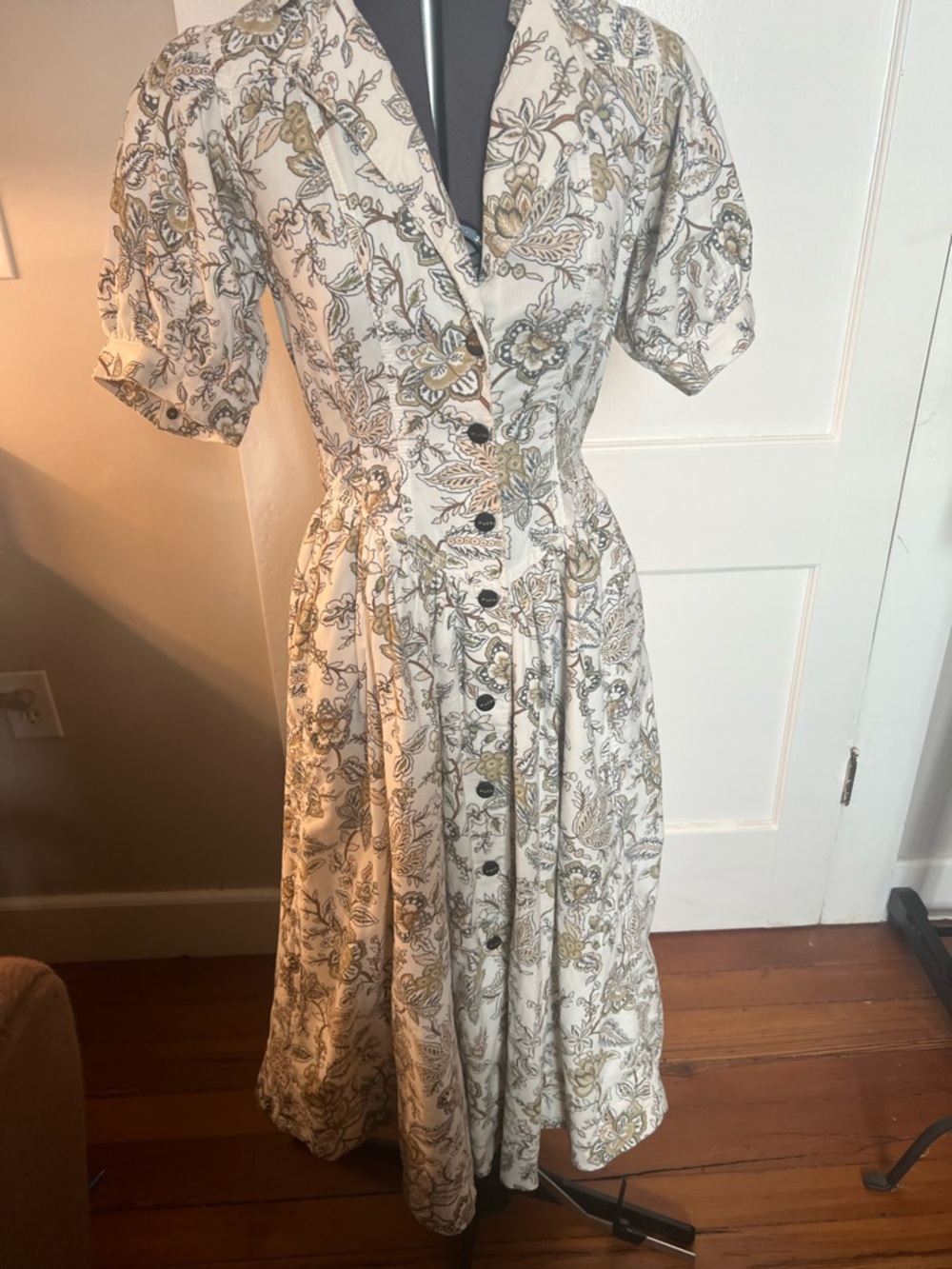 Pilcro Cream Floral Button-Front Midi Dress with Olive Accents